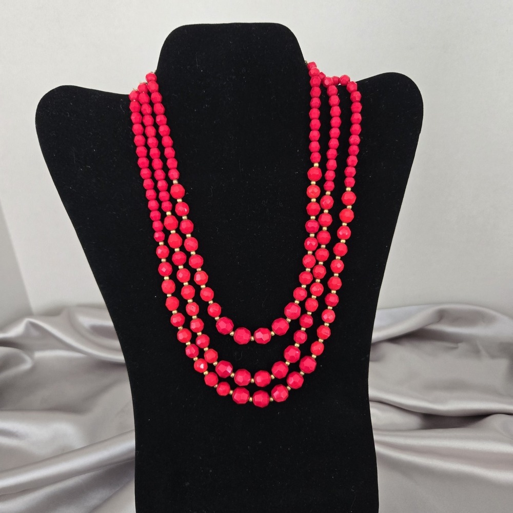 Necklace Women's Multi Strand Red Faceted Glass Beads & Gold-tone Accents